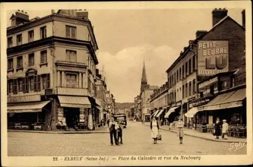 Ak Elbeuf Seine Maritime, Place du Calvaire et rue du Neubourg, Geschäfte