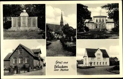 Ak Wacken in Schleswig Holstein, Stadtansichten, Denkmal, Kirche, Sparkasse