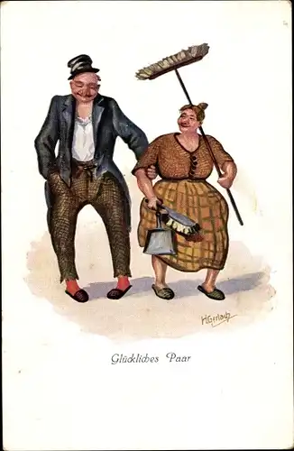 Künstler Ak Gerlach, H., Glückliches Paar, Mann mit seiner Frau, Besen, Kehrschaufel