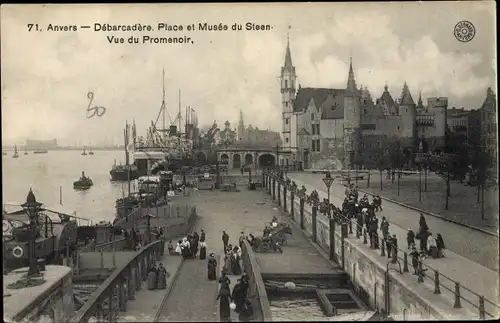 Ak Antwerpen Anvers Flandern, Debarcadere, Place et Musee du Steen, Vue du Promenoir