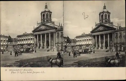 Stereo Ak Bruxelles Brüssel, Place et Eglise Saint Jaques, Pferdebahn, Denkmal