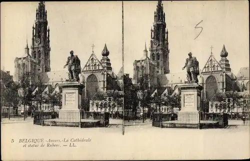 Stereo Ak Antwerpen Anvers Flandern, La Cathedrale et statue de Rubens