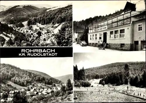 Ak Rohrbach in Thüringen, Gasthaus Sorbitzgrund, Panorama vom Ort, Freibad