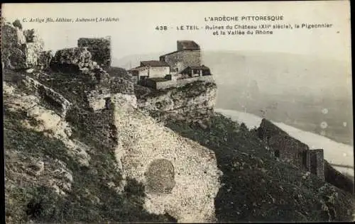 Ak Le Teil Ardèche, Ruines du Chateau, le Pigeonnier et la Vallée du Rhone