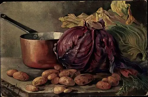 Künstler Ak Golay, Mary, Stillleben mit Gemüse, Kohl, Kartoffeln, Möhren, Topf