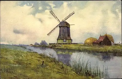 Künstler Ak Windmühle am Kanal, Haus, Uferpartie