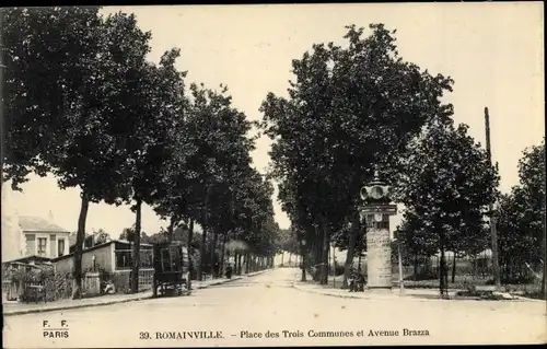 Ak Romainville Seine Saint Denis, Place des Trois Communes et Avenue Brazza
