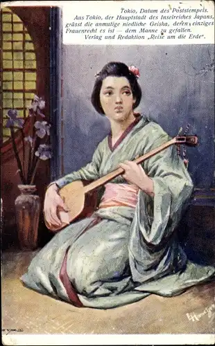 Künstler Ak Tokio Japan, Geisha mit Musikinstrument