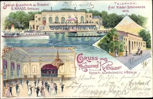 Litho Berlin Treptow Niederschöneweide,Restaurant Kyffhäuser,Ausschank der Brauerei B. Haase Breslau