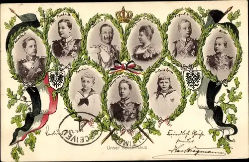 Ak Unser Kaiserhaus, Kronprinz Wilhelm von Preußen, Kaiser Wilhelm II., Kaiserin Auguste Viktoria