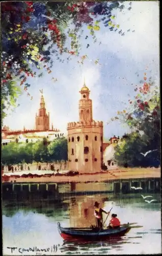 Künstler Ak Sevilla Andalusien Spanien, Rio Guadalquivir, Torre del Oro
