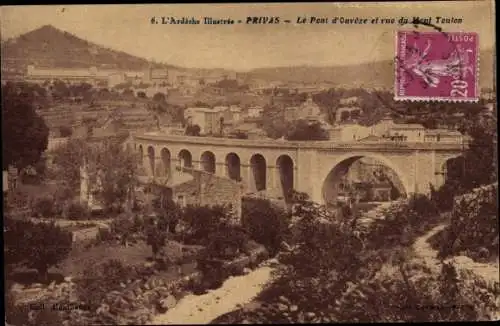 Ak Privas Ardèche, Pont d'Ouveze et vue du Mont Toulon