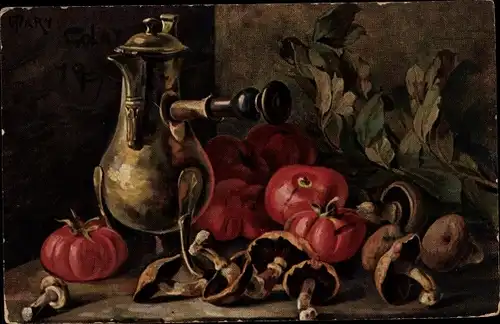 Künstler Ak Golay, Mary, Stillleben mit Gemüse, Tomaten, Pilze, Kanne