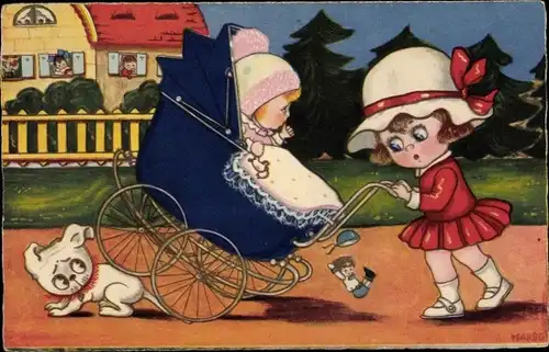 Künstler Ak Mädchen mit Kinderwagen, Puppe, Hund