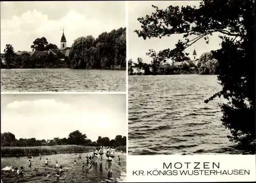 Ak Motzen Mittenwalde Brandenburg, Kirche, See, Badestrand