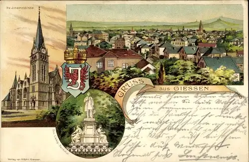 Wappen Litho Gießen an der Lahn Hessen, Johanneskirche, Liebig Denkmal, Stadtpanorama