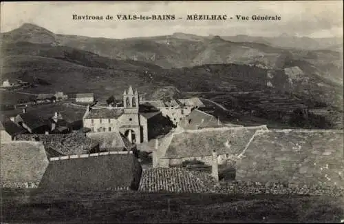 Ak Mézilhac Vals les Bains environs Ardèche, Vue Générale, Blick auf den Ort, Kirche, Berge