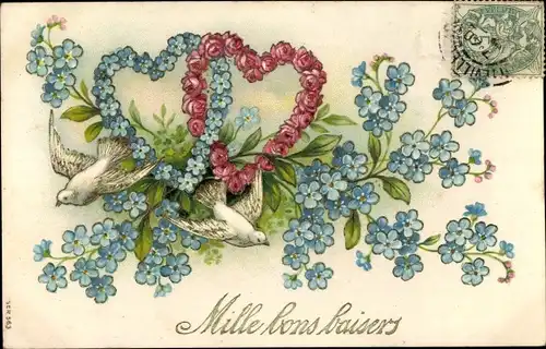 Präge Litho Glückwunsch, Mille bons baisers, Tauben im Flug, Herzen aus Vergissmeinnicht und Rosen
