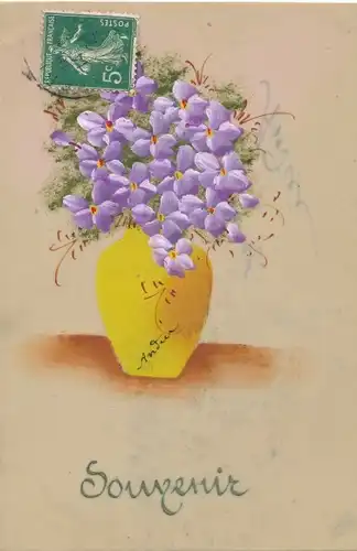 Zelluloid Ak Blumenvase, lila Blüte