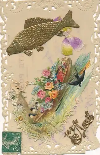 Zelluloid Ak 1. April, applizierter Fisch, Boot mit Blumen, Vögel