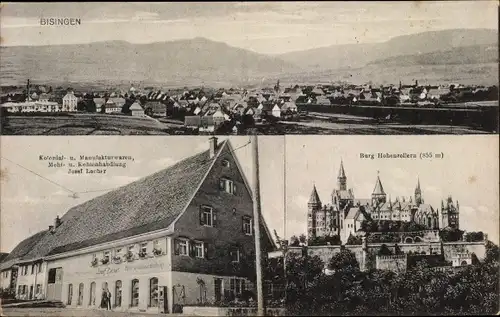 Ak Bisingen BW, Kolonialwaren Josef Lacher, Burg Hohenzollern, Totalansicht