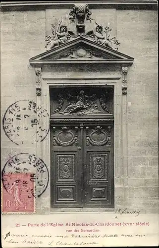 Ak Paris Panthéon, Porte de l'Église Saint Nicolas du Chardonnet, Rue des Bernardins
