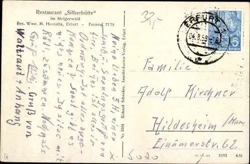 Ak Erfurt in Thüringen, Restaurant Silberhütte, Steigerwald