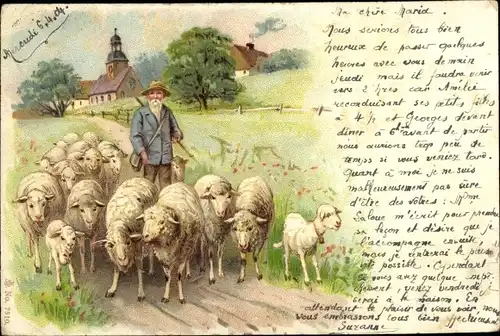 Litho Hirte mit Schafsherde, Portrait mit Ortspartie