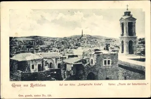 Ak Betlehem Palästina, Evangelische Kirche auf der Höhe, Turm der Geburtskirche, Panorama