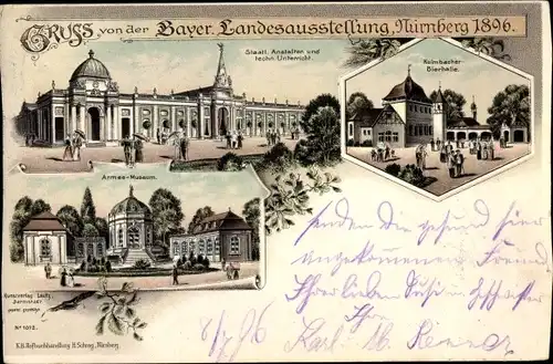 Litho Nürnberg, Bayer. Landesausstellung 1896, Armee Museum, Staatl. Anstalten, Bierhalle