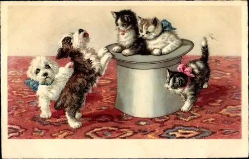 Künstler Ak Drei Kätzchen in einem Zylinder, zwei Hunde