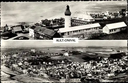 Ak Ault Onival Somme, Le Phare et la Colonie de Crel, la Plage et les Falaises