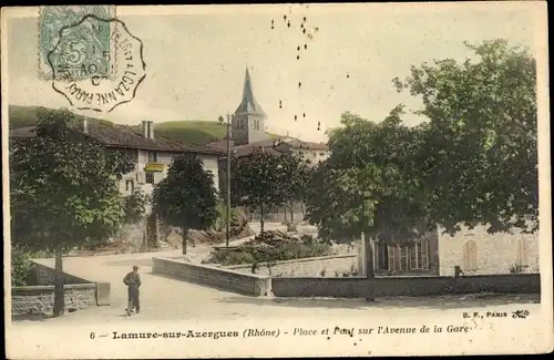 Ak Lamure sur Azergues Rhône, Place et Pont sur l'Avenue de la Gare
