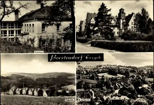 Ak Borstendorf Grünhainichen Sachsen, Kulturhaus, Rathaus, Floßmühle, Blick auf den Ort