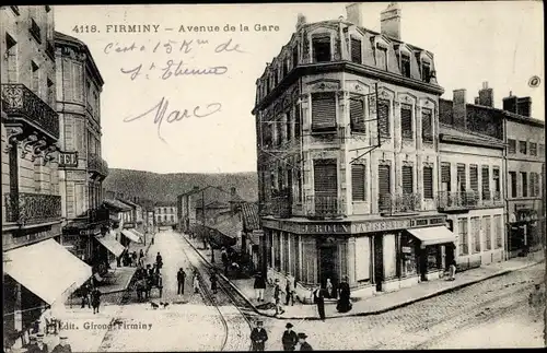 Ak Firminy Loire, Avenue de la Gare, J. Roux Patisserie