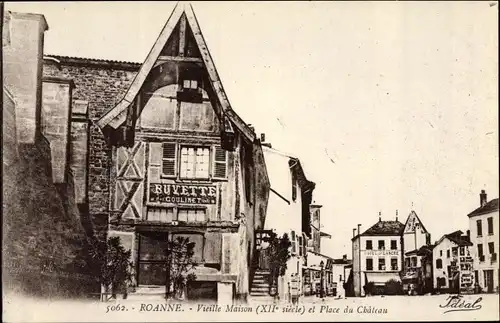 Ak Roanne Loire, Vieille Maison et Place du Chateau, Buvette Coulinet