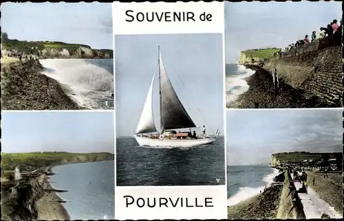 Ak Pourville sur Mer Seine Maritime, vue générale de la plage et la digue, falaises d'amont, voilier