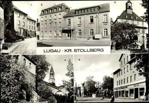 Ak Lugau in Sachsen, VdN Denkmal, Stadtbücherei, Klubhaus Karl Liebknecht, Rathaus, Kirche