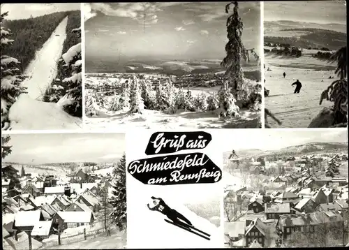 Ak Schmiedefeld am Rennsteig Thüringen, Panorama, Skisprungschanze, Skispringer, Skiläufer