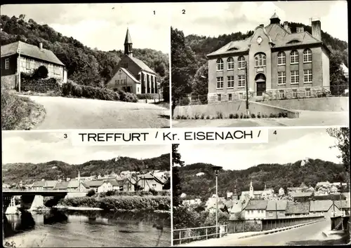 Ak Treffurt in Thüringen, Blick zur Burg Normannstein, Polytechnische Oberschule, Werrapartie