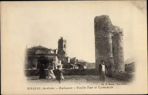 Ak Viviers Ardèche, Esplanade, vieille Tour et Cathédrale