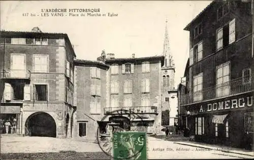 Ak Les Vans Ardèche, Place du Marché et Église