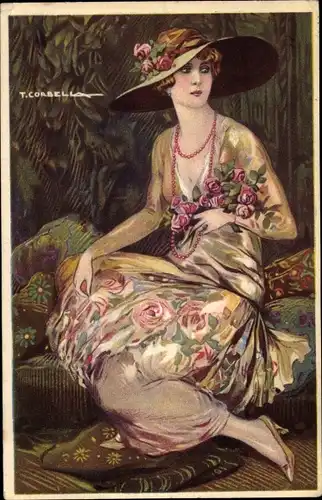 Künstler Ak Corbella, T., Junge Frau in modischem Kleid, Damenhut