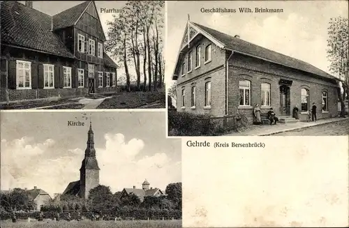 Ak Gehrde in Niedersachsen, Pfarrhaus, Kirche, Geschäftshaus Wilh. Brinkmann