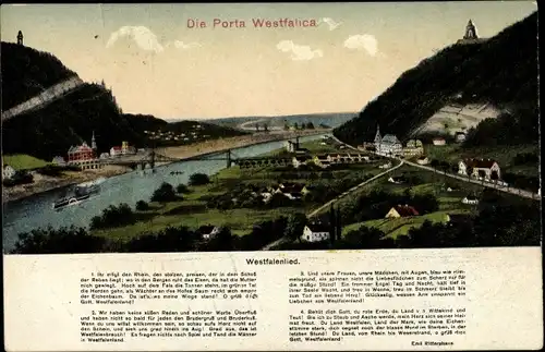 Ak Porta Westfalica in Nordrhein Westfalen, Westfalenlied, Blick auf den Ort mit Umgebung