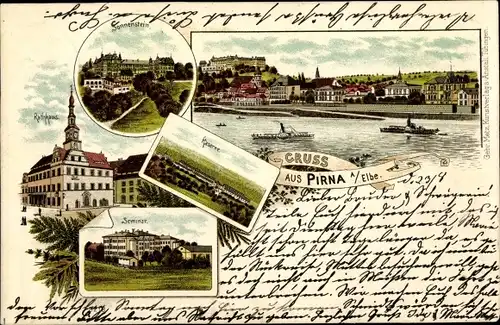 Litho Pirna in Sachsen, Sonnenstein, Rathaus, Seminar, Kaserne