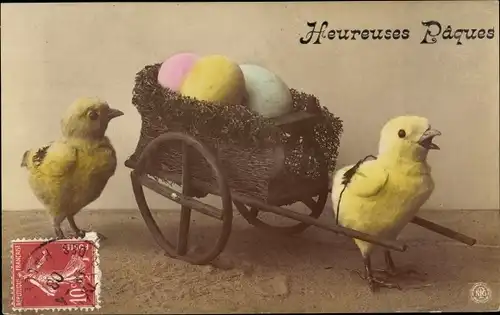 Ak Glückwunsch Ostern, Küken zieht einen Wagen mit Ostereiern
