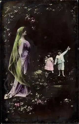 Ak Frau im Wald, Kinder am Teich