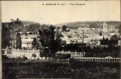 Ak Aumale Seine Maritime, vue générale de la ville, clôtures, arbres