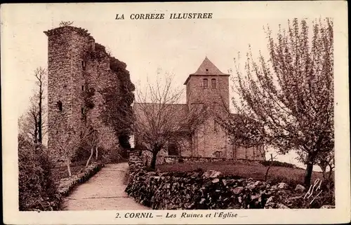 Ak Cornil Corrèze, Les Ruines et l'Église